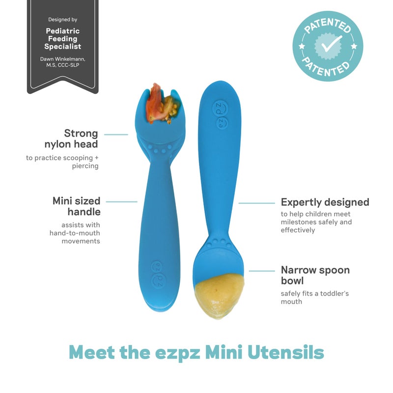 ezpz Mini Utensils - 12 Months+ (Fork & Spoon in Blue) - 100% BPA Free Fork and Spoon - Toddler Utensils - Designed by a Pediatric Feeding Specialist - Image 3